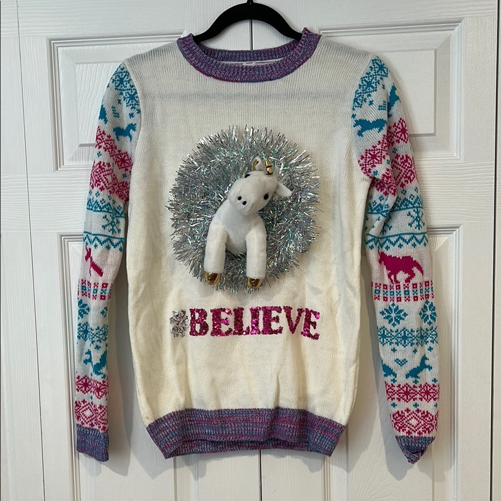 No Boundaries White and Pink Crew Neck Sweater with Festive Design